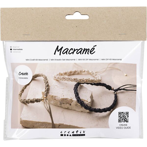 Mini DIY Kit Macramé, Armbånd, sort, olivenbrun, sand, 1 pk.