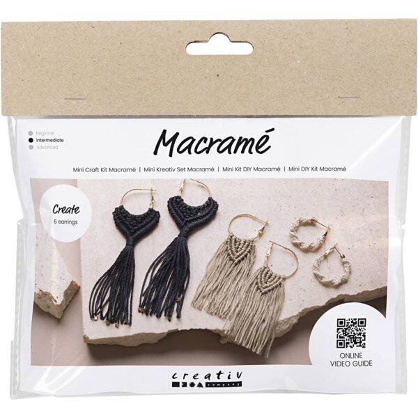 Mini DIY Kit Macramé, Øreringe, sort, olivenbrun, sand, 1 pk.