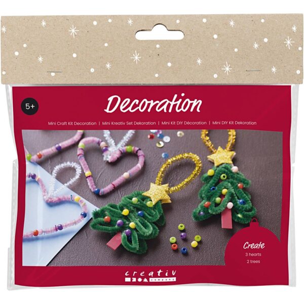 Mini DIY Kit Dekoration, Hjerter og juletræer , 1 pk.