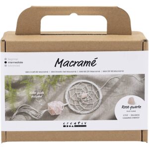 Mini DIY Kit Macramé, Drømmefanger med rosenkvarts krystal, lys rosa, hvid, 1 pk.