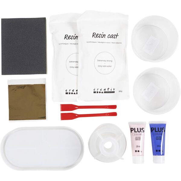 Start DIY Kit Resin Støbning, 3 lysestager og 2 fade, blå, lys pink, hvid, 1 pk.